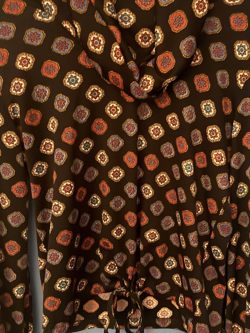 1960's Vintage Rare Womens Black Printed Long-Sleeve Blouse with Tie Waist - Picture 3 of 3